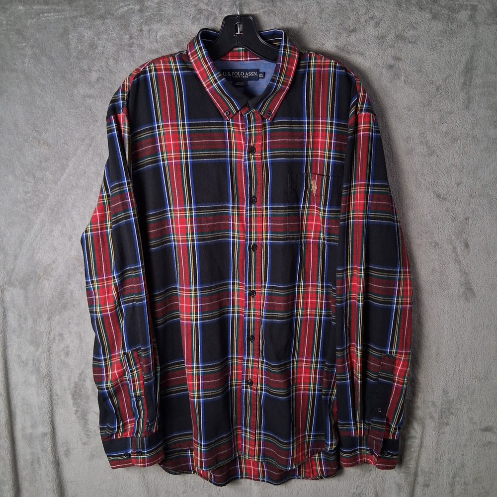 US Polo Assn Mens 2XL Plaid Button Down Shirt Long Sleeve Black Red Multi Color